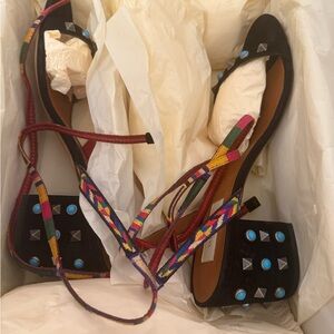 Valentino Garavani Rockstud Black Sandals with Turquoise Accents